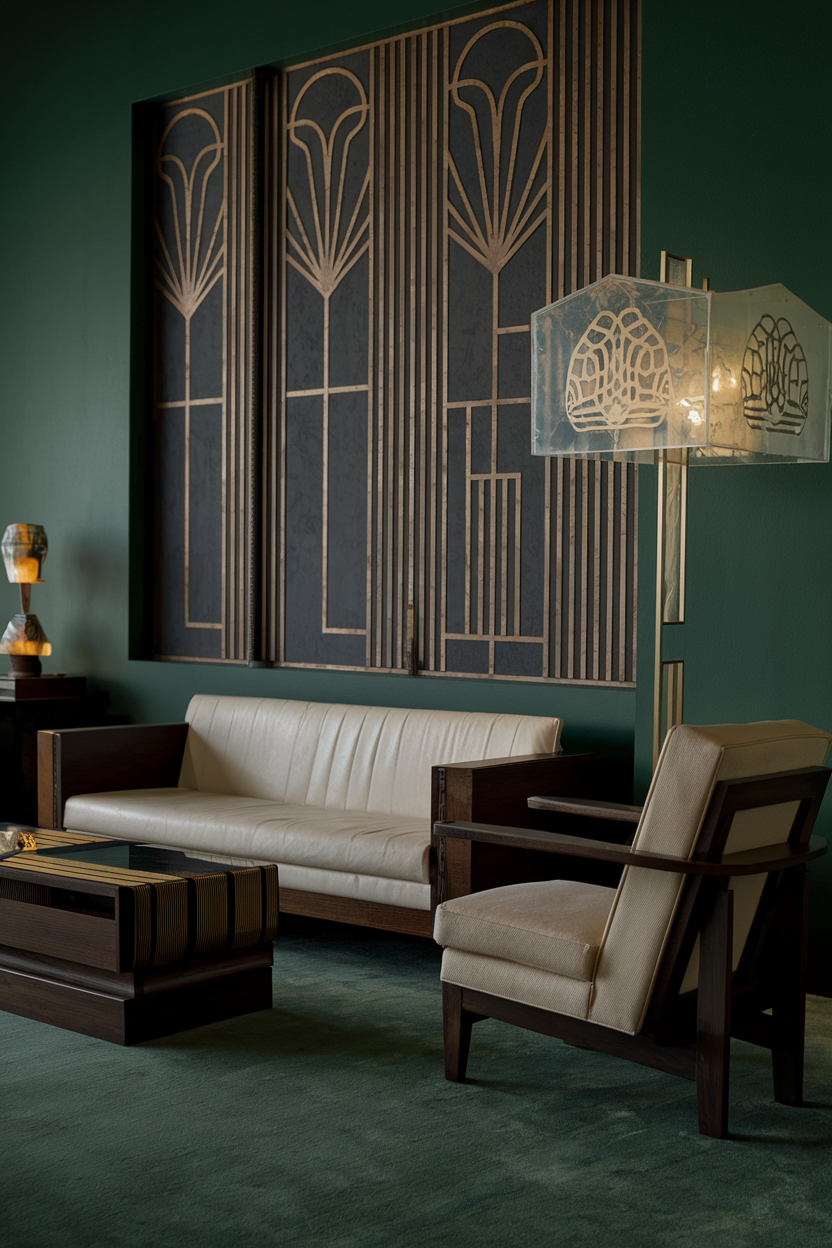 Art Deco wall art featuring stylized patterns and geometric shapes