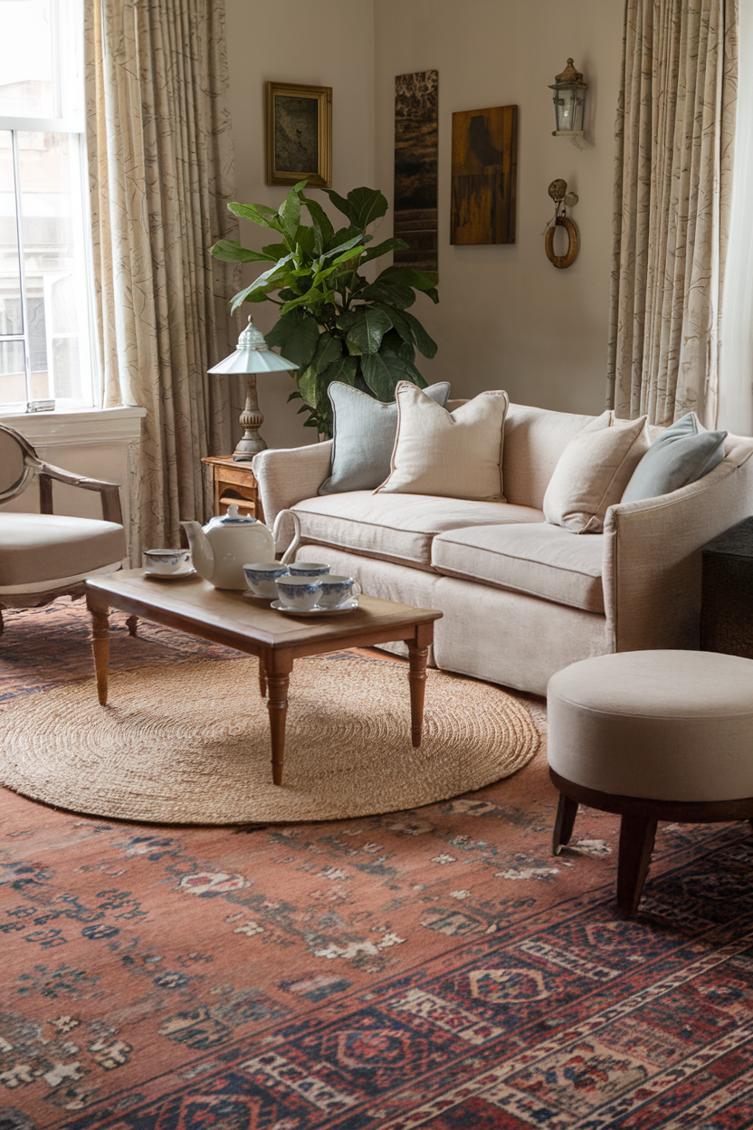 An English Country-style room with layered Persian and Kilim rugs