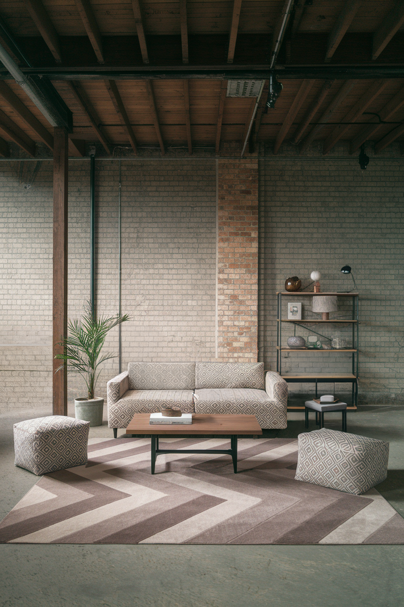 Neutral-toned geometric rug on a concrete floor