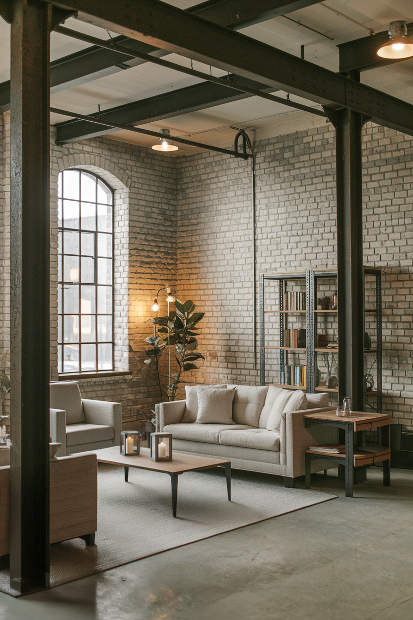 Industrial interior living room with raw materials and neutral colors