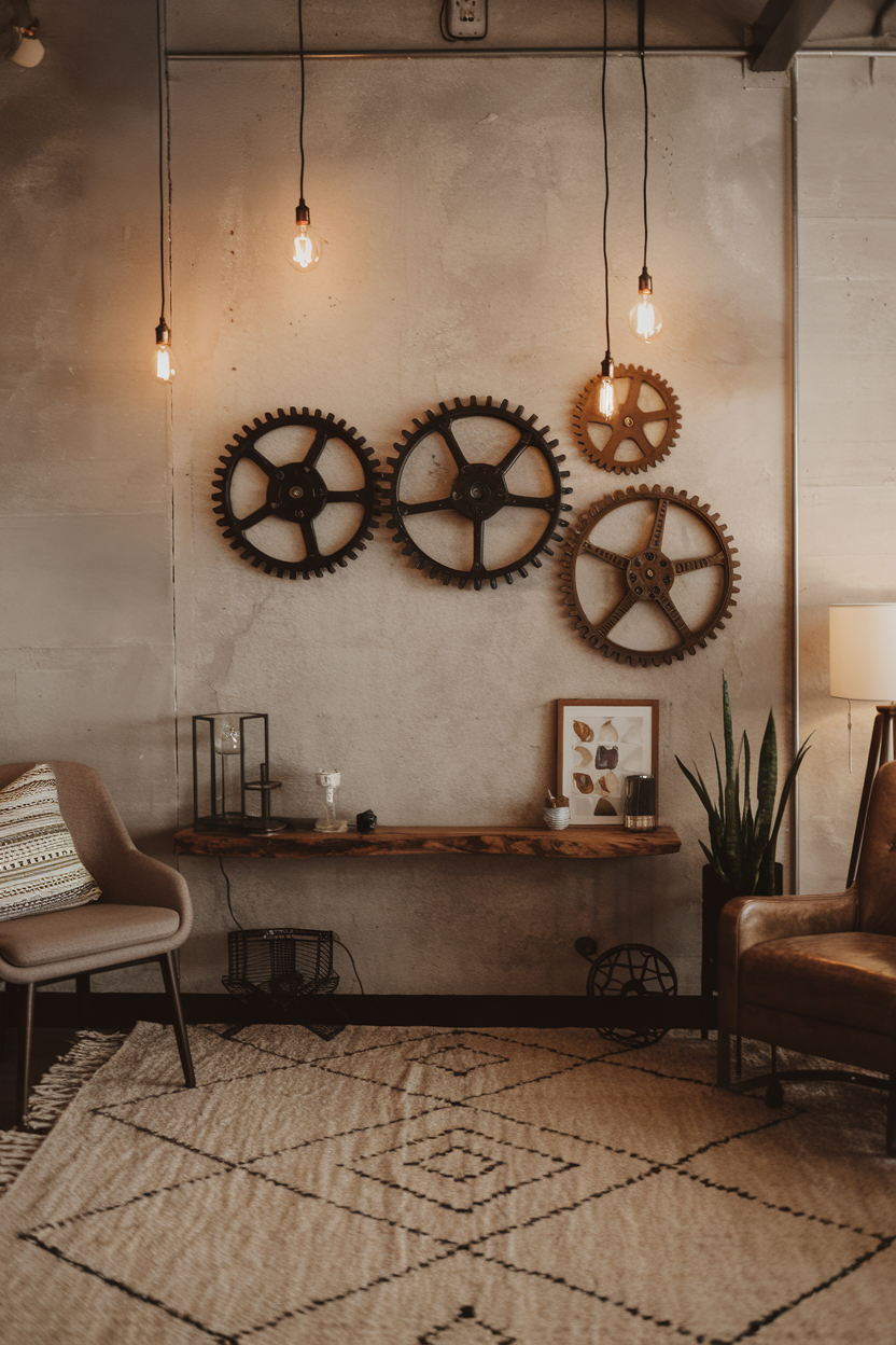 Edison bulbs and vintage gears on a minimalist wall