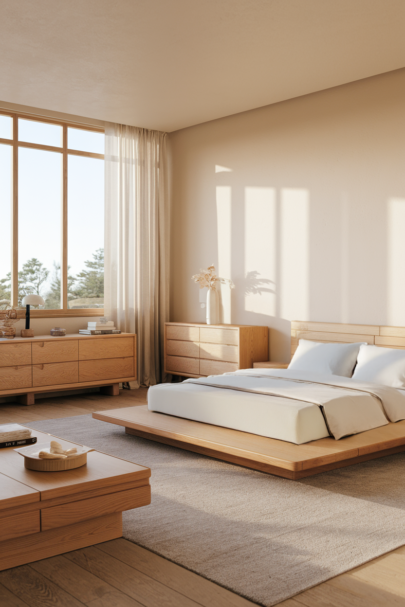 A bedroom with a low-profile bed, soft bedding, and minimal décor.