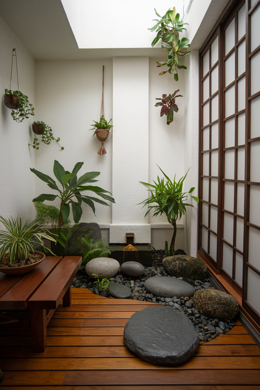 Plants, stones, and a small water feature placed thoughtfully within a space.