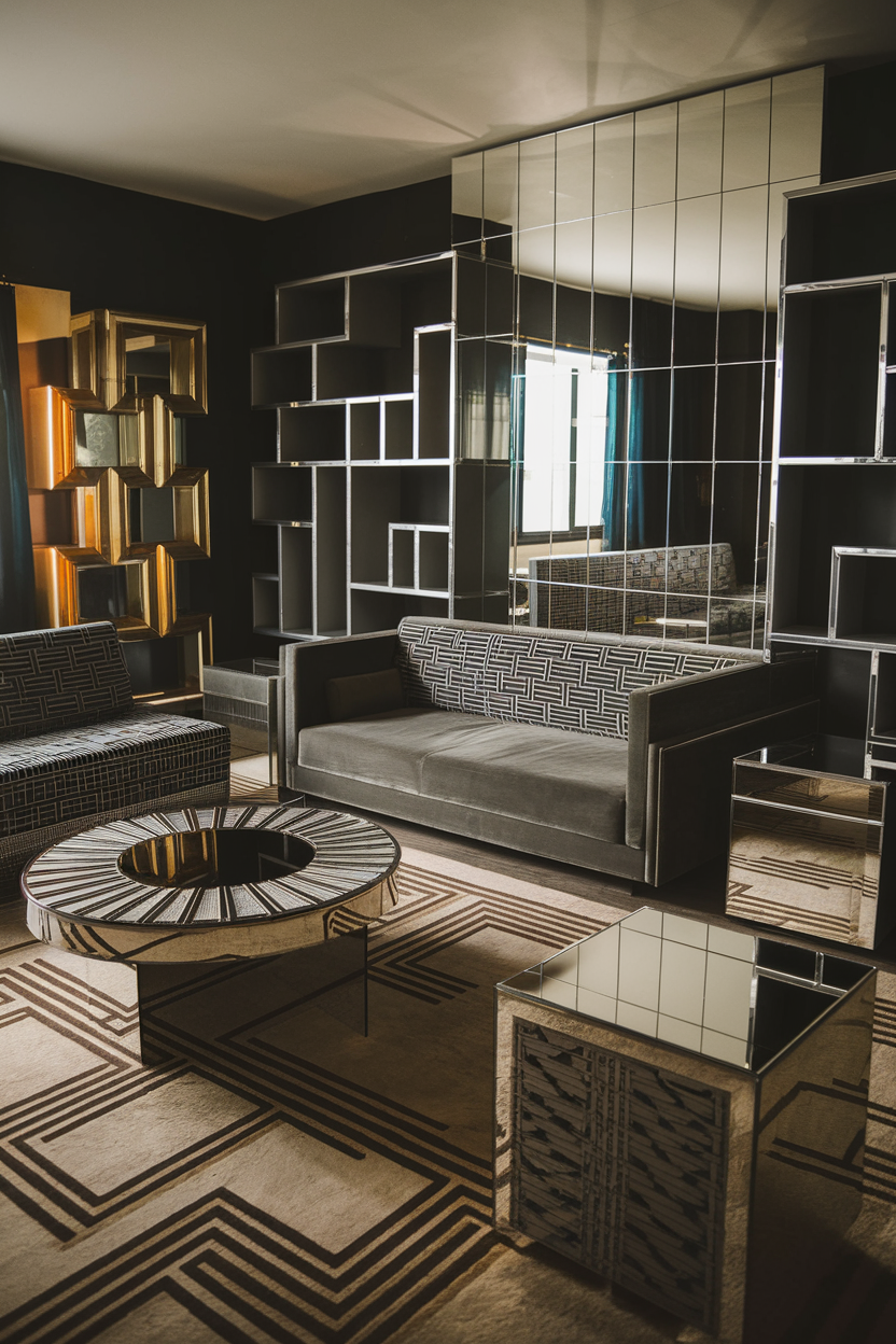 Art Deco-inspired furniture with clean lines and rich materials like marble and chrome