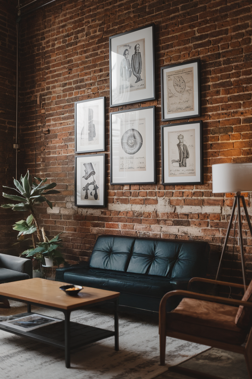 Framed vintage patent drawings on an exposed brick wall