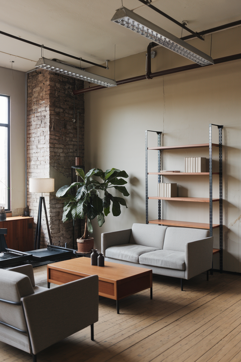 Living room with exposed brick, metal fixtures, and a neutral color scheme