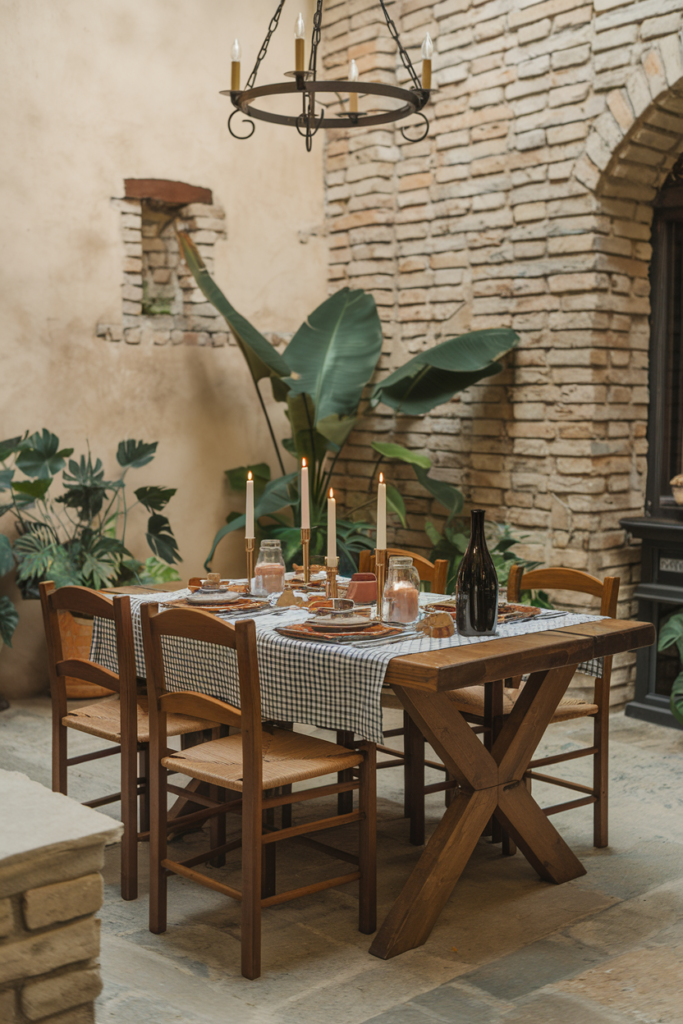 Mediterranean dining room with wrought iron chandeliers and candle-lit lanterns