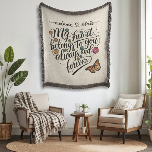 Personalized 100% Cotton Woven Blanket (My Heart Belongs To You Always And Forever) - Image 3