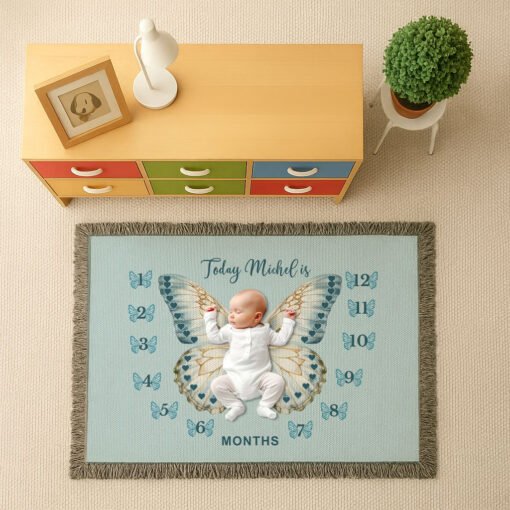 Personalized 100% Cotton Woven Baby Milestone Blanket – Blue Butterfly Design