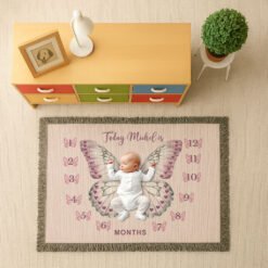 Personalized 100% Cotton Woven Baby Milestone Blanket – Pink Butterfly Design