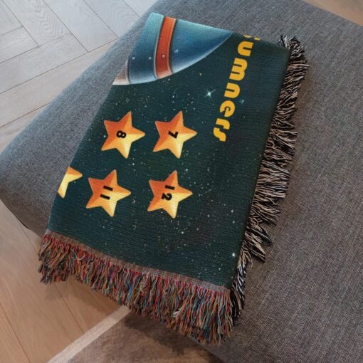 Personalized 100% Cotton Woven Baby Boy Milestone Blanket – Rocket Design - Image 3