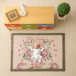 Personalized 100% Cotton Woven Baby Milestone Blanket – Floral Bouquet Design