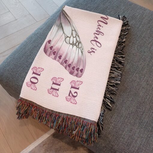 Personalized 100% Cotton Woven Baby Milestone Blanket – Pink Butterfly Design - Image 3