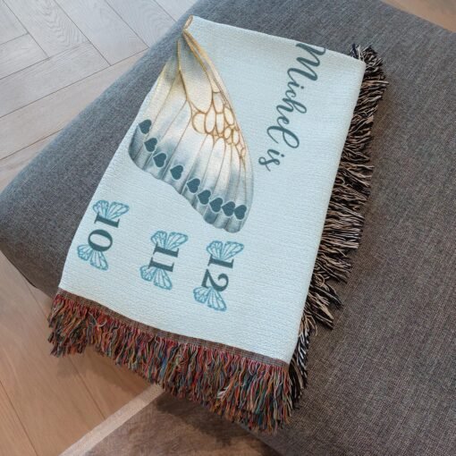 Personalized 100% Cotton Woven Baby Milestone Blanket – Blue Butterfly Design - Image 3