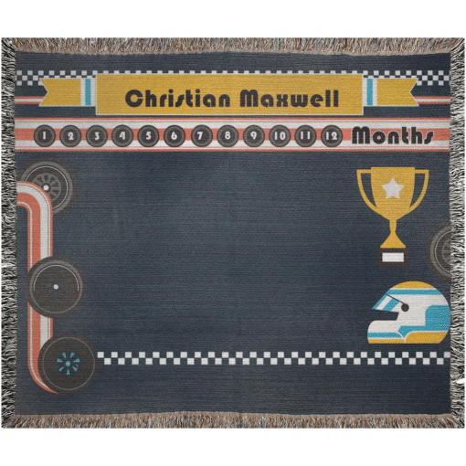 Personalized 100% Cotton Woven Baby Boy Milestone Blanket – Racecar Design - Image 2