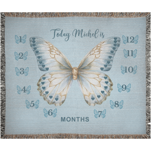Personalized 100% Cotton Woven Baby Milestone Blanket – Blue Butterfly Design - Image 2