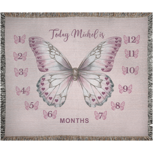 Personalized 100% Cotton Woven Baby Milestone Blanket – Pink Butterfly Design - Image 2