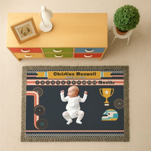 Personalized 100% Cotton Woven Baby Boy Milestone Blanket – Racecar Design