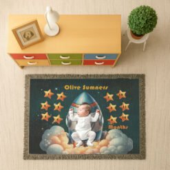 Personalized 100% Cotton Woven Baby Boy Milestone Blanket – Rocket Design
