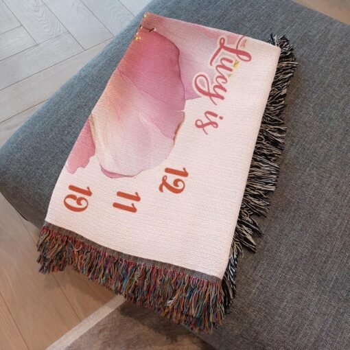 Personalized 100% Cotton Woven Baby Milestone Blanket – Pretty In Pink Blossom Design - Image 3