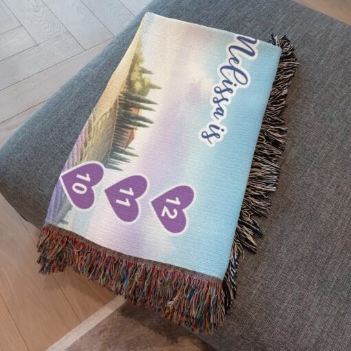 Personalized 100% Cotton Woven Baby Milestone Blanket – Lavender Field Design - Image 3