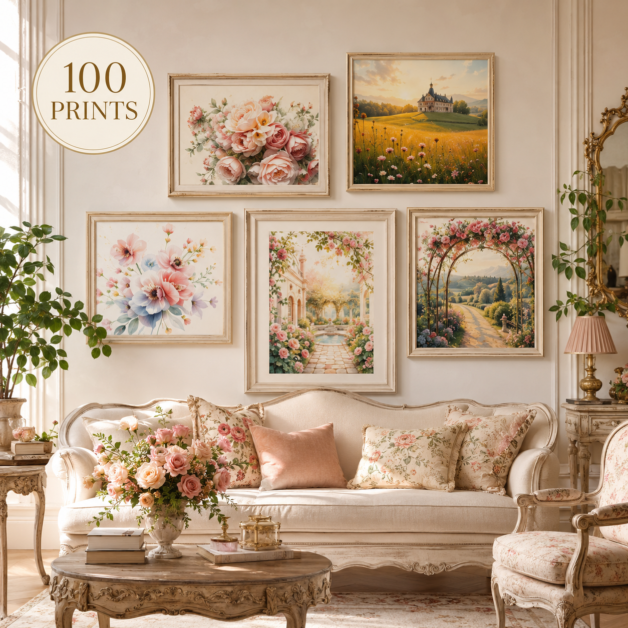 Modern French Rococo Wall Art | Set of 100 Romantic Rose Garden & Floral Prints | Printable Digital Download
